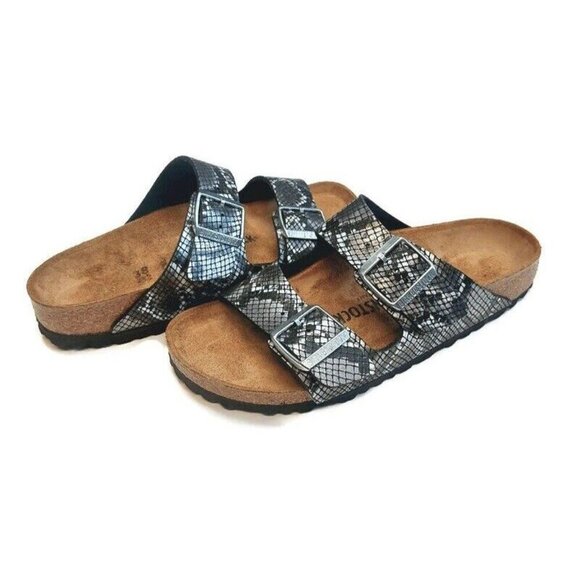 Birkenstock Arizona Sandals Mens 5 - 5.5 Womens 7 - 7.5 Black Python Narrow - Picture 8 of 9